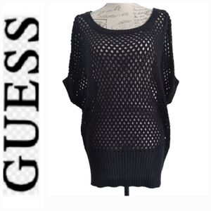 G by Guess | Black Open Crochet Knit  Drop  Shoulder Tunic Sweater Top